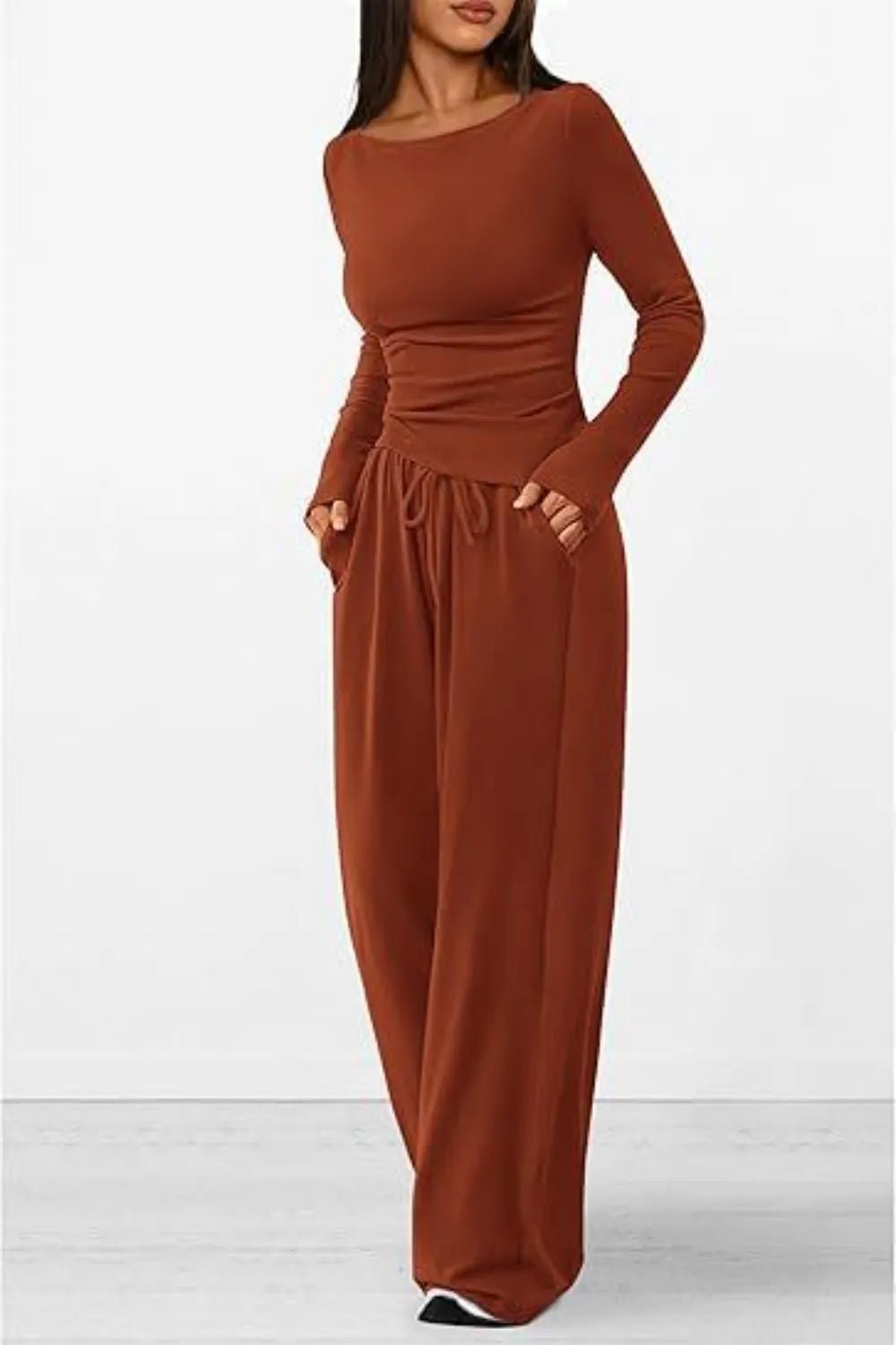 Round Neck Long Sleeve Top and Pants Set - Absolute Discounts
