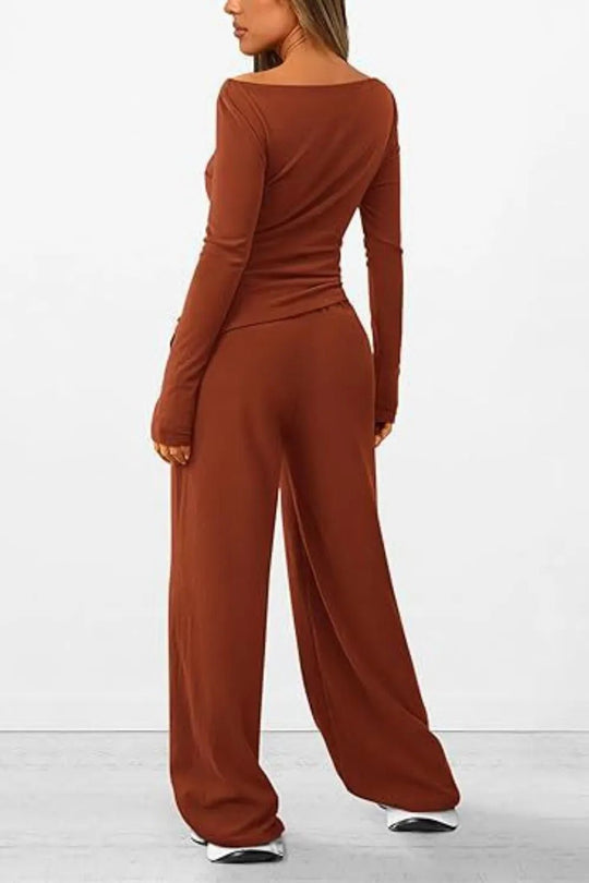 Round Neck Long Sleeve Top and Pants Set - Absolute Discounts