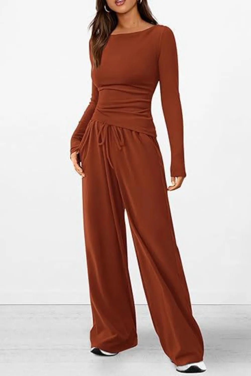 Round Neck Long Sleeve Top and Pants Set - Absolute Discounts