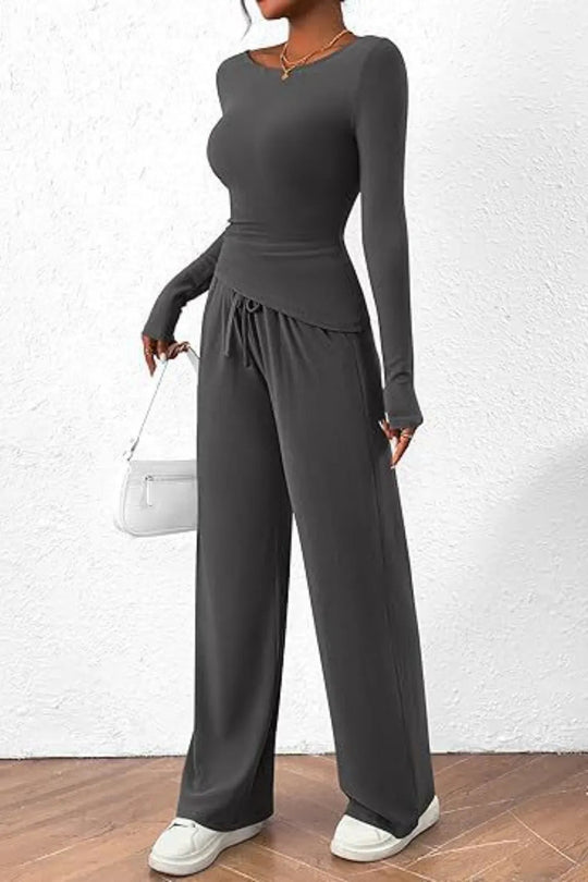 Round Neck Long Sleeve Top and Pants Set - Absolute Discounts