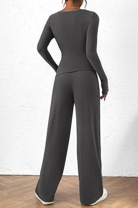 Round Neck Long Sleeve Top and Pants Set - Absolute Discounts