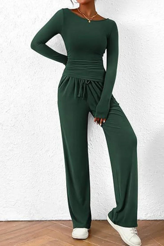 Round Neck Long Sleeve Top and Pants Set - Absolute Discounts