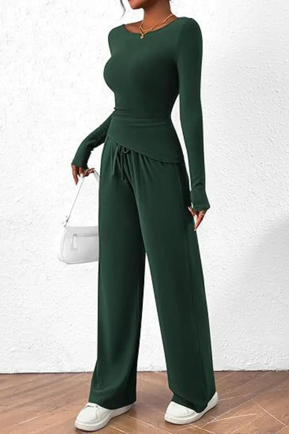 Round Neck Long Sleeve Top and Pants Set - Absolute Discounts