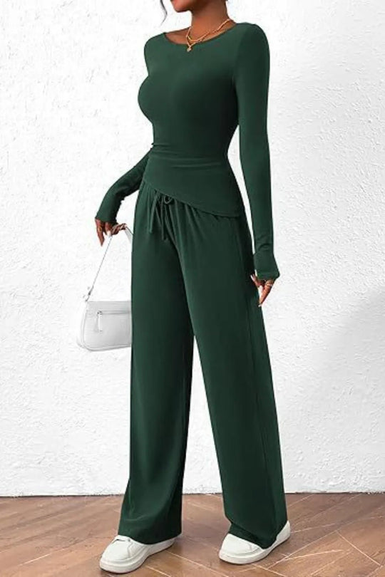 Round Neck Long Sleeve Top and Pants Set - Absolute Discounts