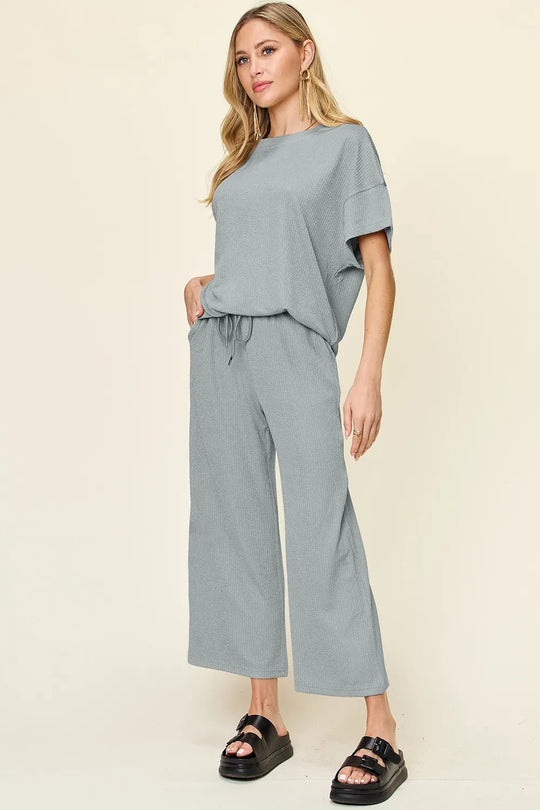 Double Take Full Size Texture Round Neck Short Sleeve T-Shirt and Wide Leg Pants - Absolute Discounts