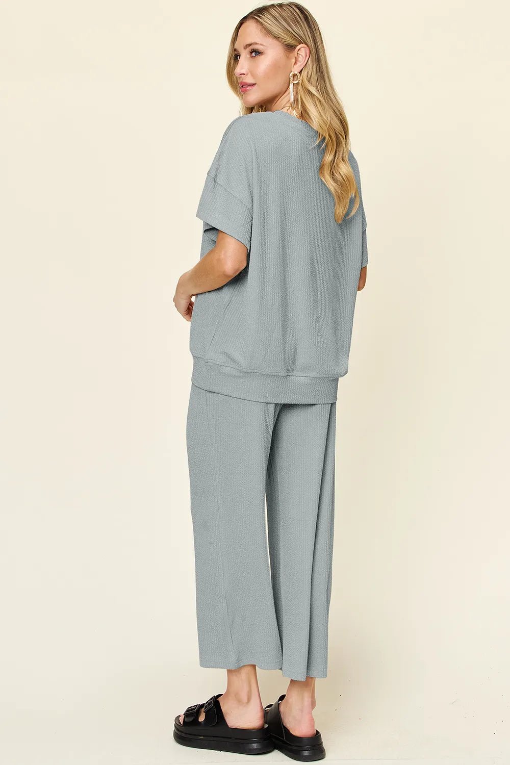 Double Take Full Size Texture Round Neck Short Sleeve T-Shirt and Wide Leg Pants - Absolute Discounts