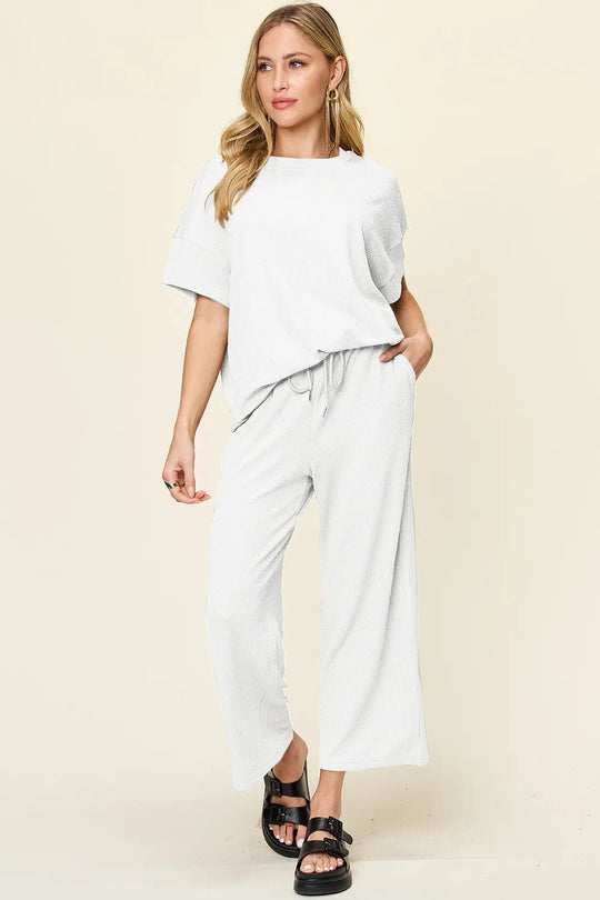 Double Take Full Size Texture Round Neck Short Sleeve T-Shirt and Wide Leg Pants - Absolute Discounts