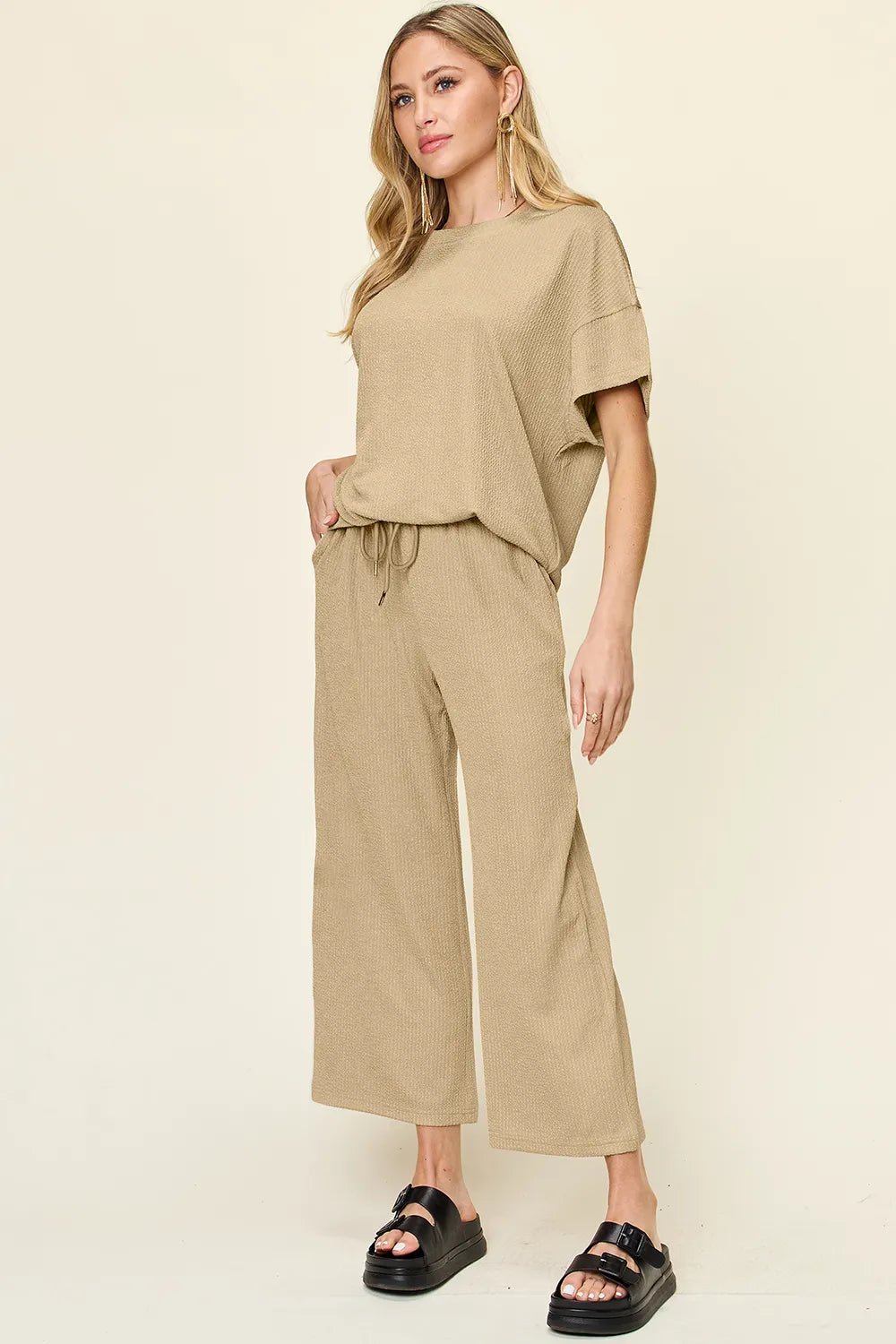 Double Take Full Size Texture Round Neck Short Sleeve T-Shirt and Wide Leg Pants - Absolute Discounts