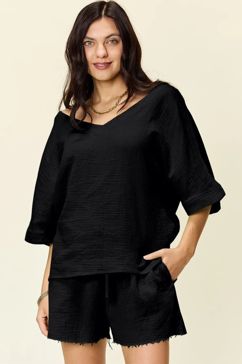 Double Take Texture Half Sleeve T-Shirt and Drawstring Shorts Set - Absolute Discounts