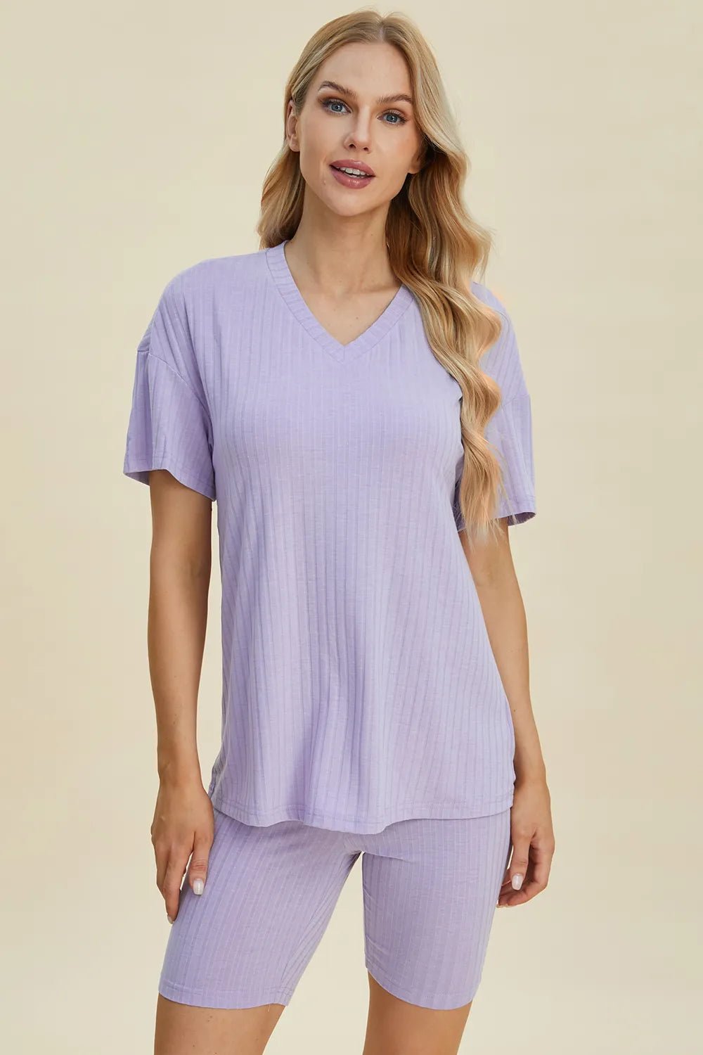 Basic Bae Full Size Ribbed V - Neck Short Sleeve Top and Shorts Set - Absolute Discounts
