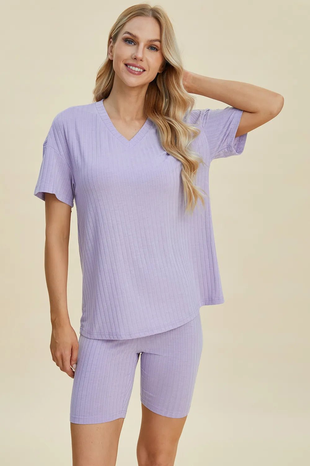Basic Bae Full Size Ribbed V - Neck Short Sleeve Top and Shorts Set - Absolute Discounts