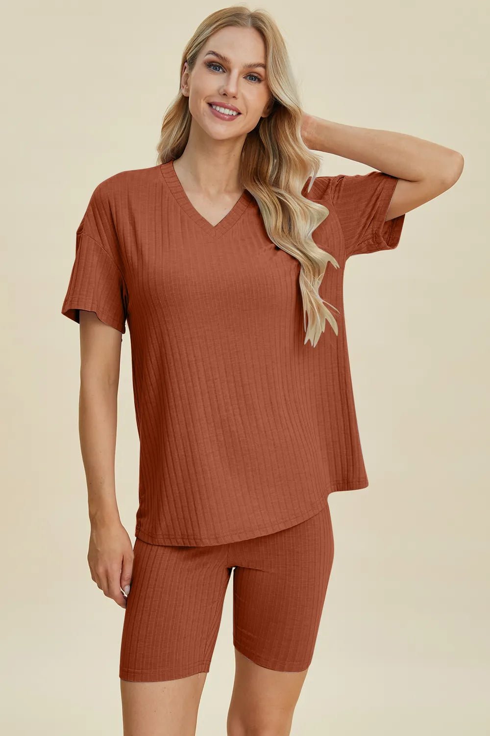 Basic Bae Full Size Ribbed V - Neck Short Sleeve Top and Shorts Set - Absolute Discounts