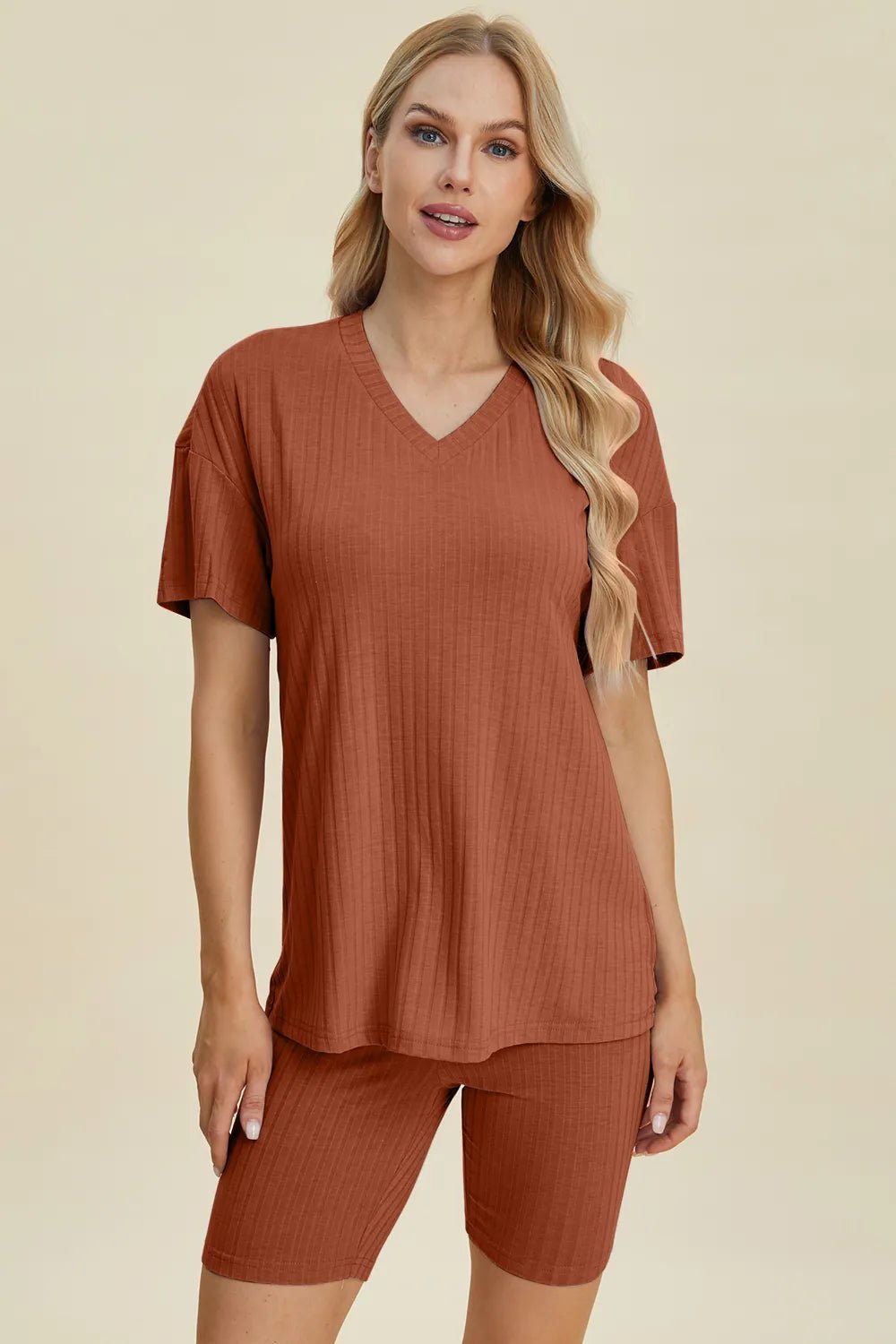 Basic Bae Full Size Ribbed V - Neck Short Sleeve Top and Shorts Set - Absolute Discounts