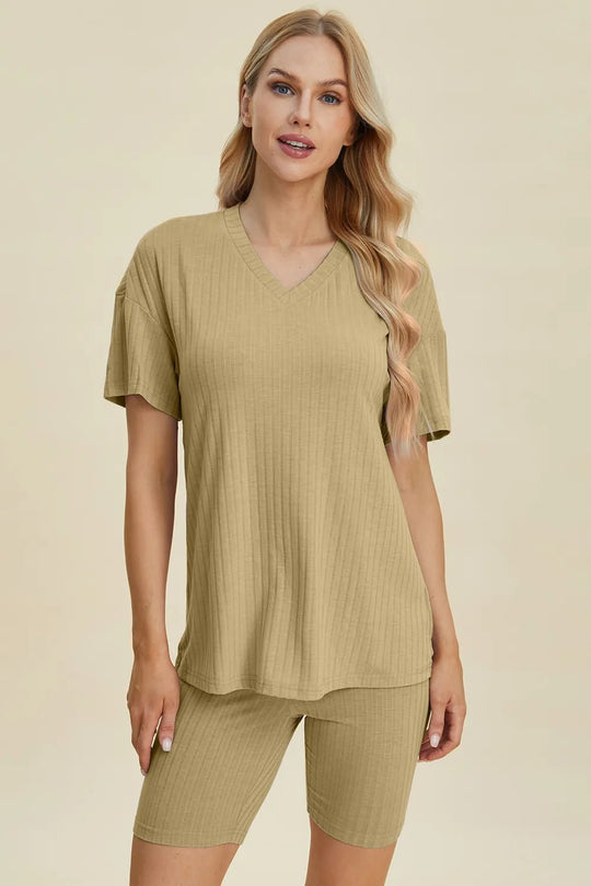 Basic Bae Full Size Ribbed V - Neck Short Sleeve Top and Shorts Set - Absolute Discounts