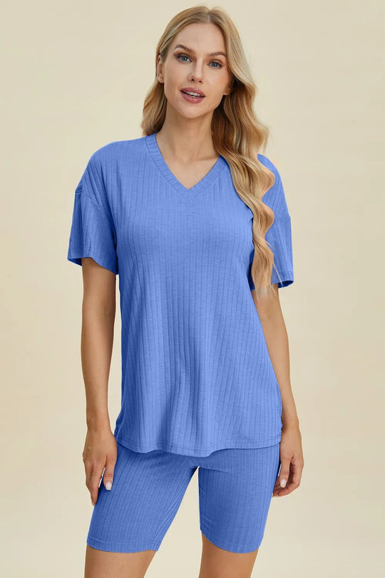 Basic Bae Full Size Ribbed V - Neck Short Sleeve Top and Shorts Set - Absolute Discounts