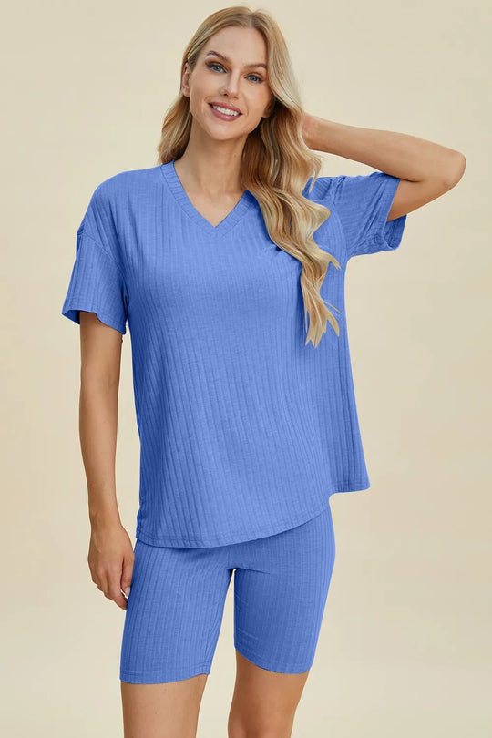 Basic Bae Full Size Ribbed V - Neck Short Sleeve Top and Shorts Set - Absolute Discounts