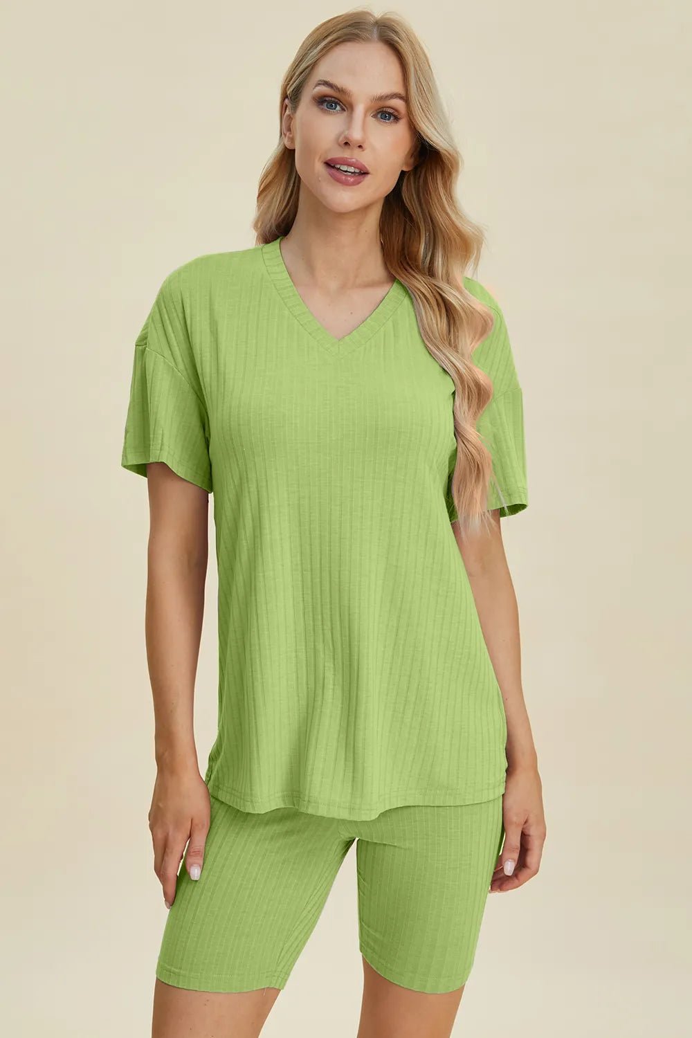 Basic Bae Full Size Ribbed V - Neck Short Sleeve Top and Shorts Set - Absolute Discounts