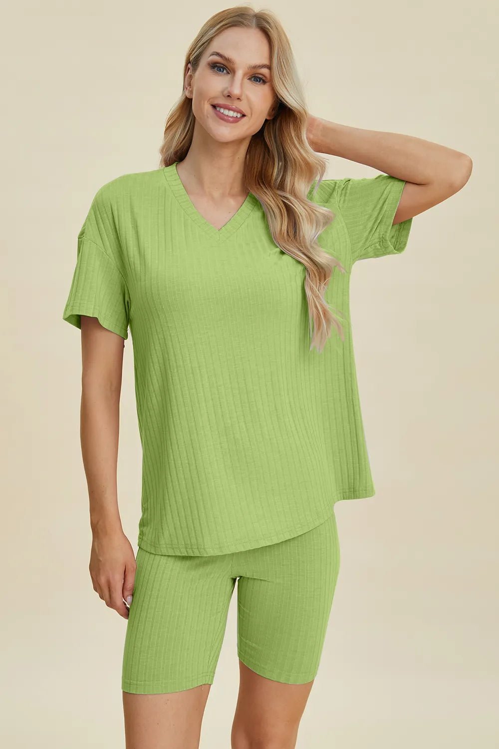 Basic Bae Full Size Ribbed V - Neck Short Sleeve Top and Shorts Set - Absolute Discounts