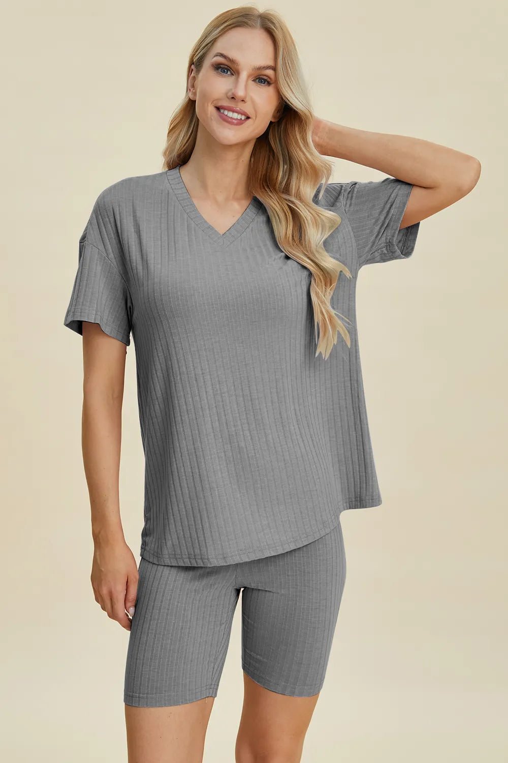 Basic Bae Full Size Ribbed V - Neck Short Sleeve Top and Shorts Set - Absolute Discounts