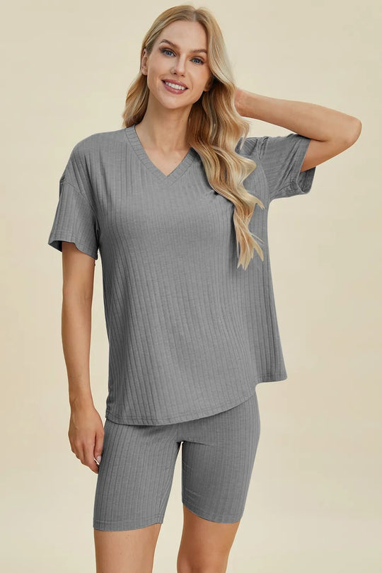 Basic Bae Full Size Ribbed V - Neck Short Sleeve Top and Shorts Set - Absolute Discounts