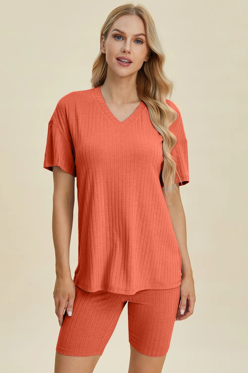 Basic Bae Full Size Ribbed V - Neck Short Sleeve Top and Shorts Set - Absolute Discounts