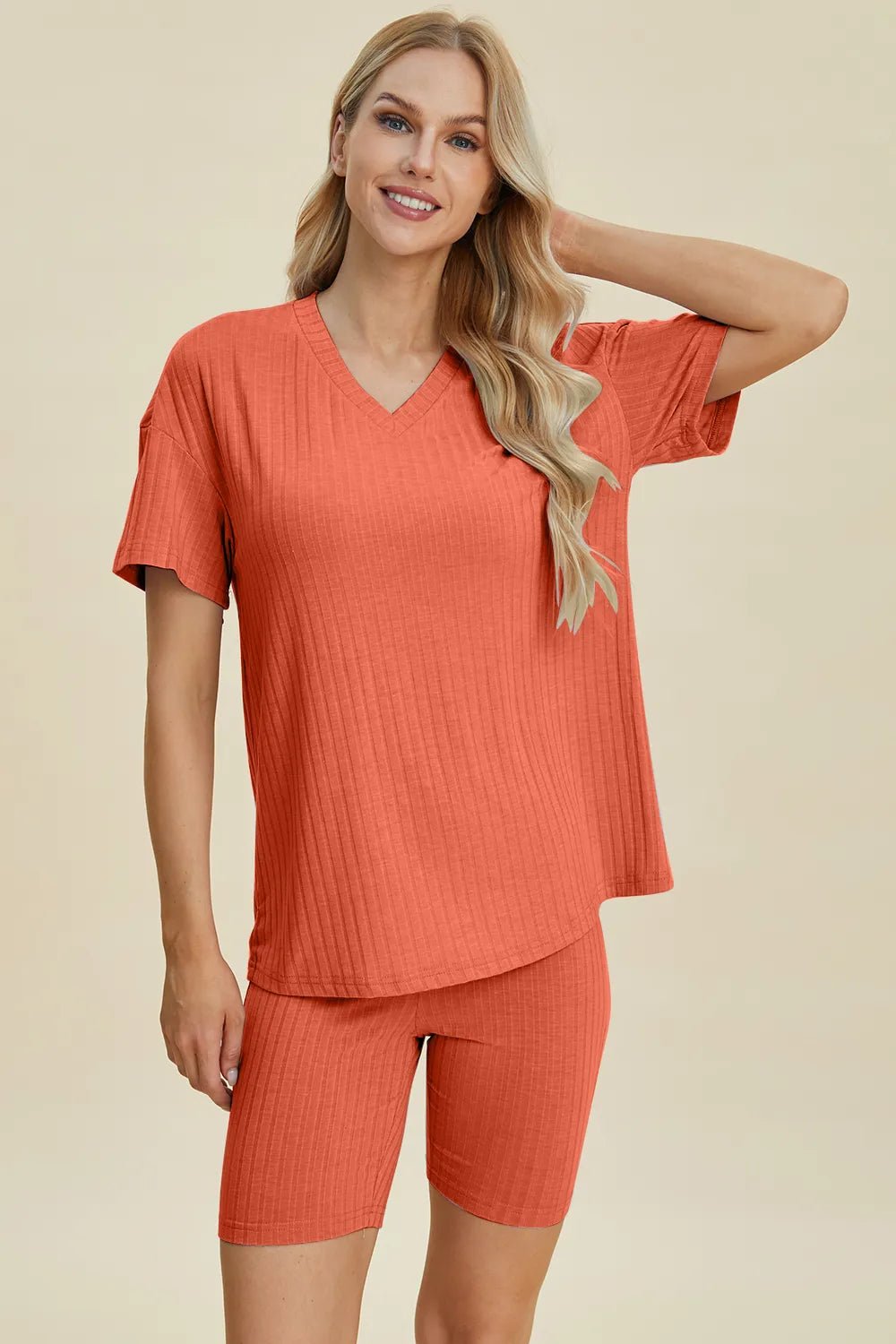 Basic Bae Full Size Ribbed V - Neck Short Sleeve Top and Shorts Set - Absolute Discounts