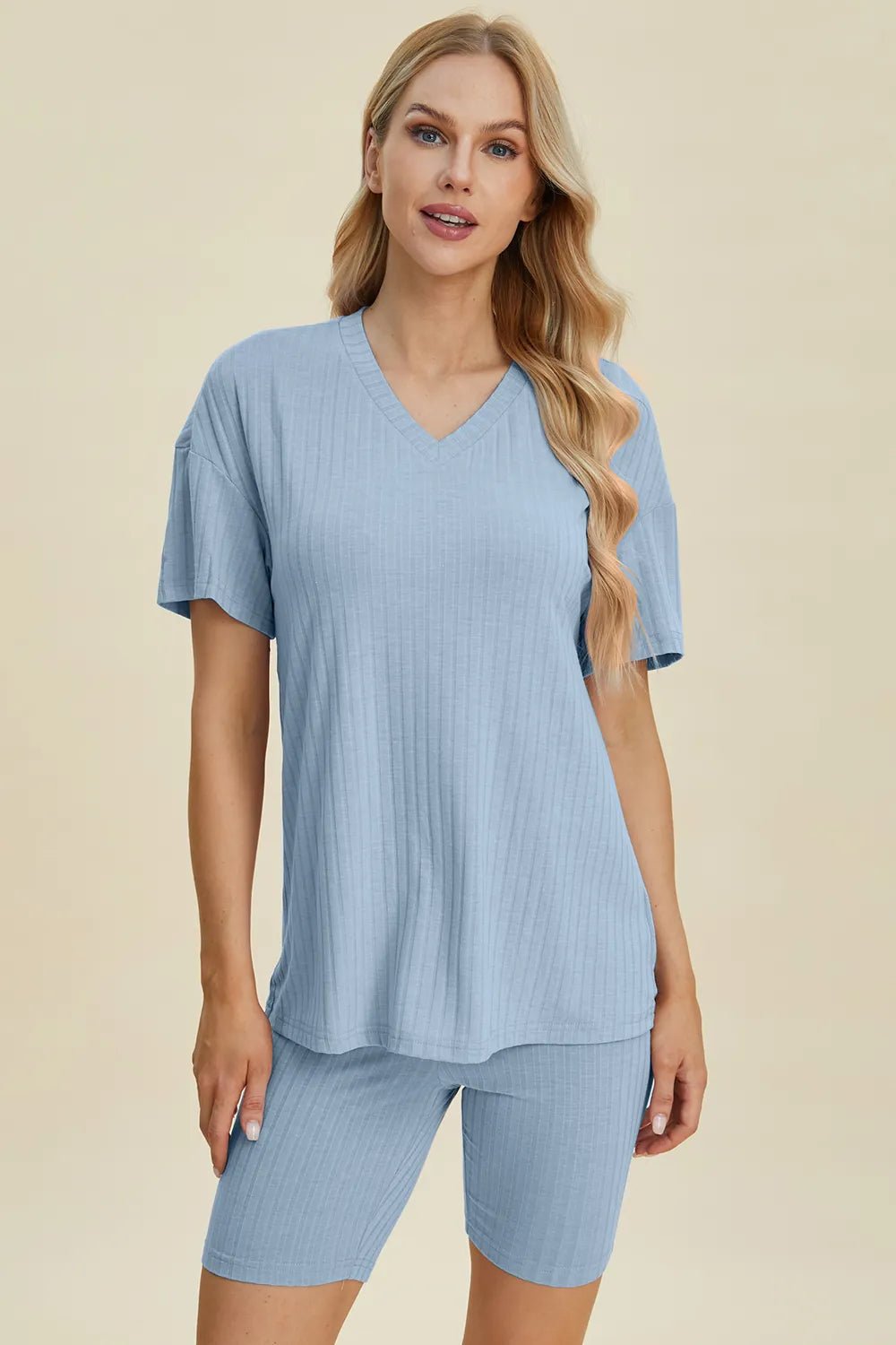 Basic Bae Full Size Ribbed V - Neck Short Sleeve Top and Shorts Set - Absolute Discounts
