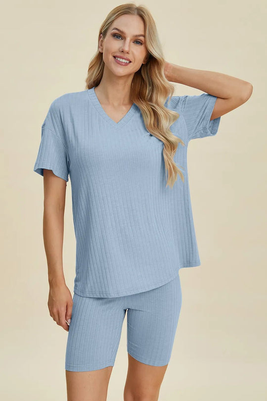 Basic Bae Full Size Ribbed V - Neck Short Sleeve Top and Shorts Set - Absolute Discounts