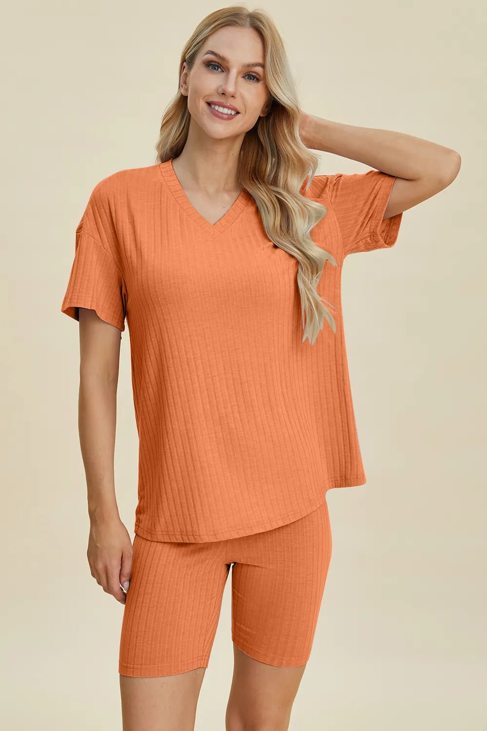 Basic Bae Full Size Ribbed V - Neck Short Sleeve Top and Shorts Set - Absolute Discounts