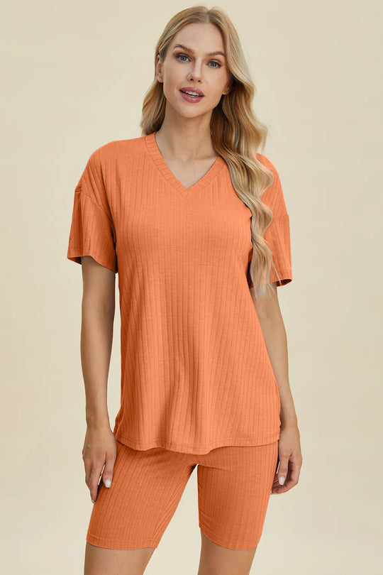 Basic Bae Full Size Ribbed V - Neck Short Sleeve Top and Shorts Set - Absolute Discounts