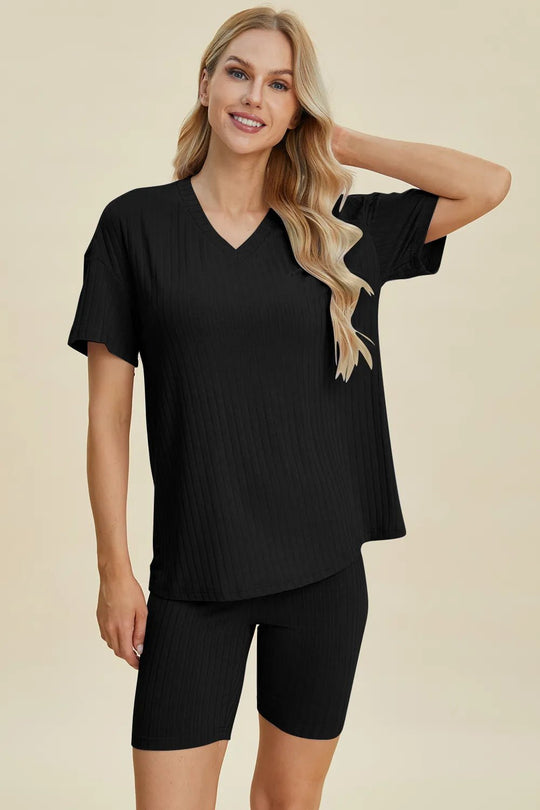 Basic Bae Full Size Ribbed V - Neck Short Sleeve Top and Shorts Set - Absolute Discounts