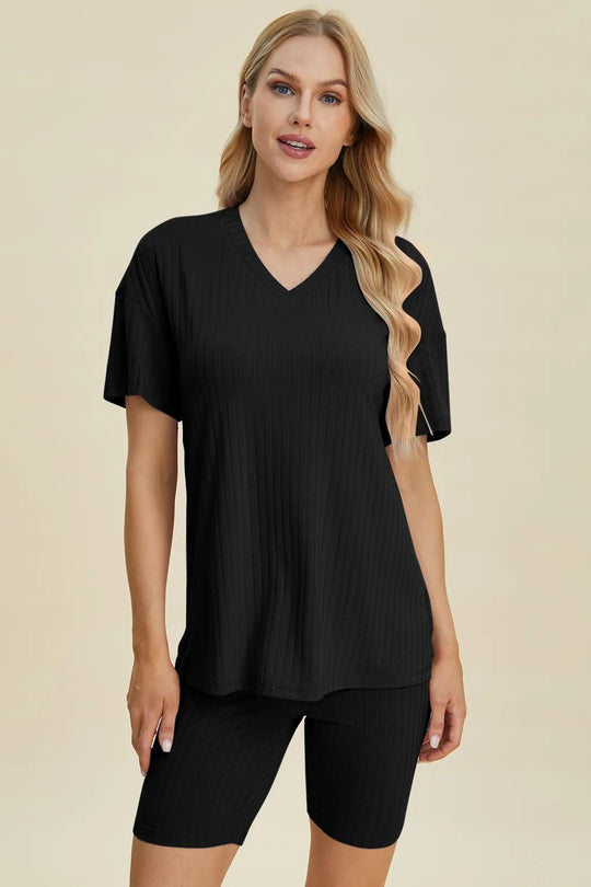 Basic Bae Full Size Ribbed V - Neck Short Sleeve Top and Shorts Set - Absolute Discounts