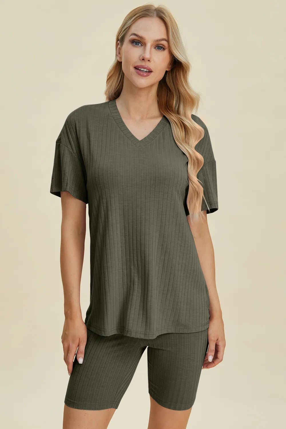 Basic Bae Full Size Ribbed V - Neck Short Sleeve Top and Shorts Set - Absolute Discounts