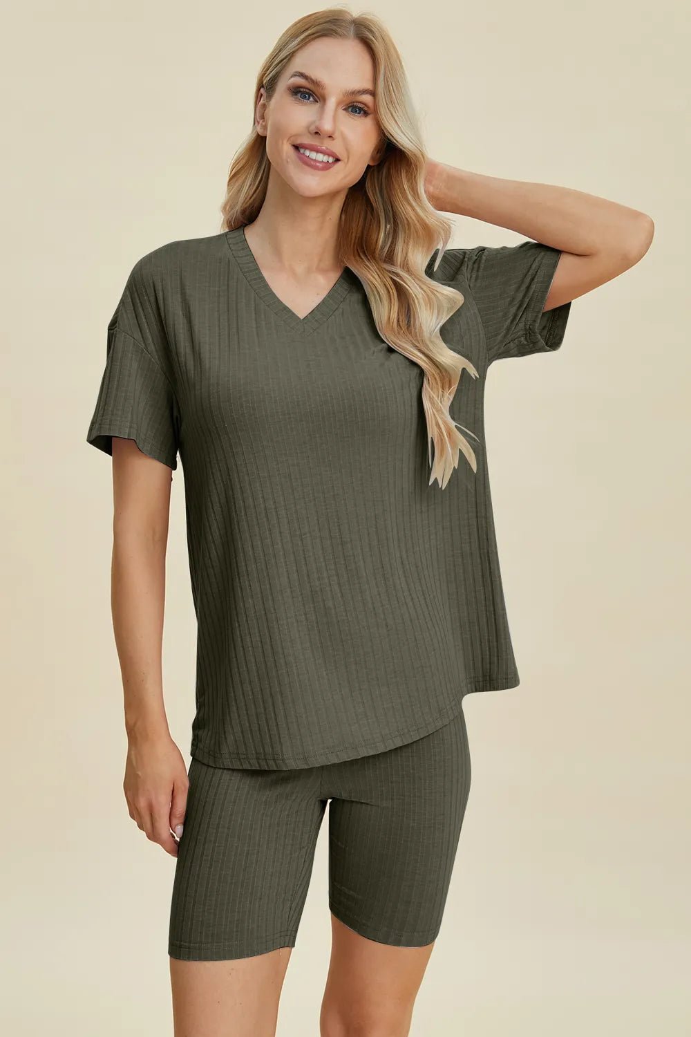Basic Bae Full Size Ribbed V - Neck Short Sleeve Top and Shorts Set - Absolute Discounts