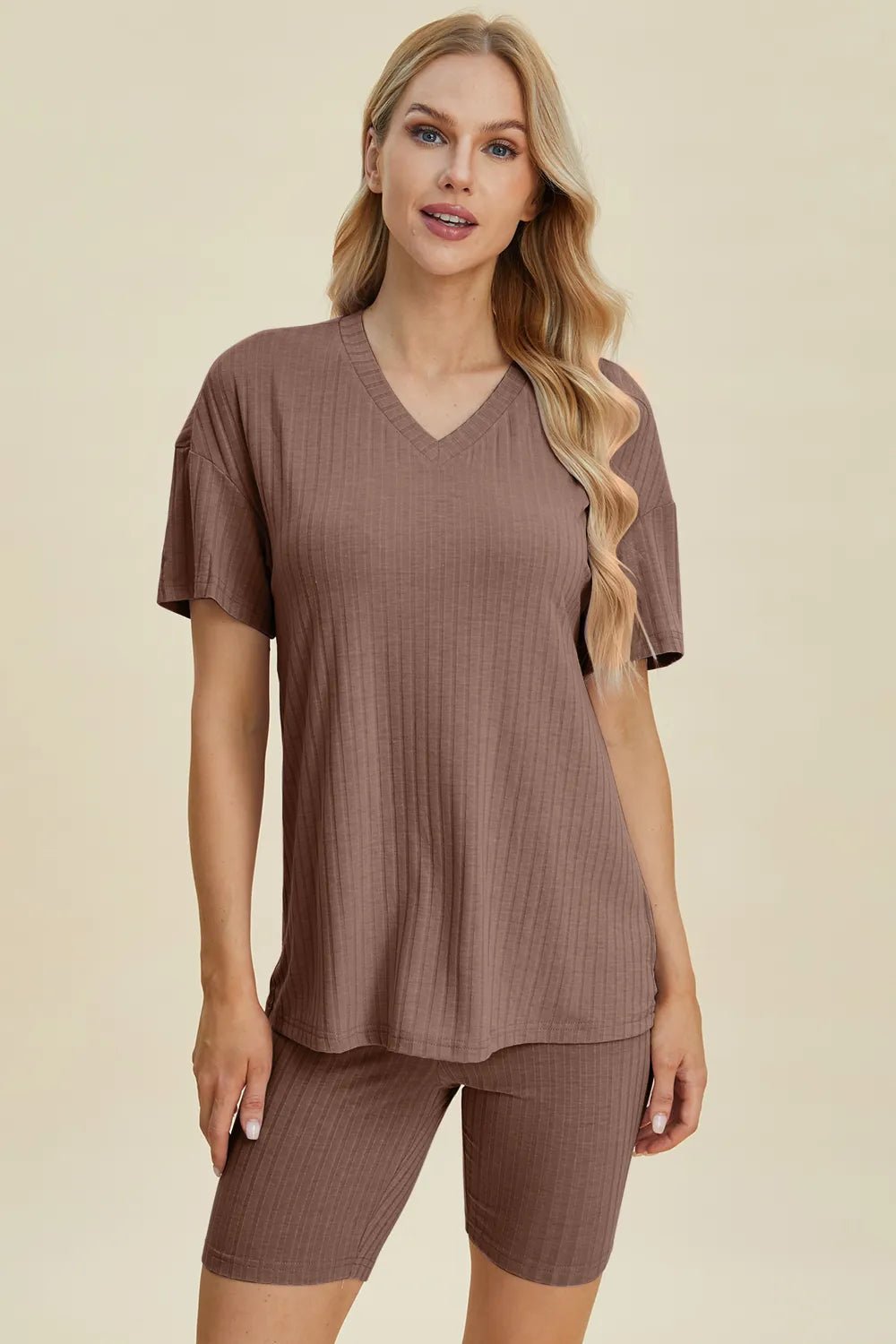 Basic Bae Full Size Ribbed V - Neck Short Sleeve Top and Shorts Set - Absolute Discounts