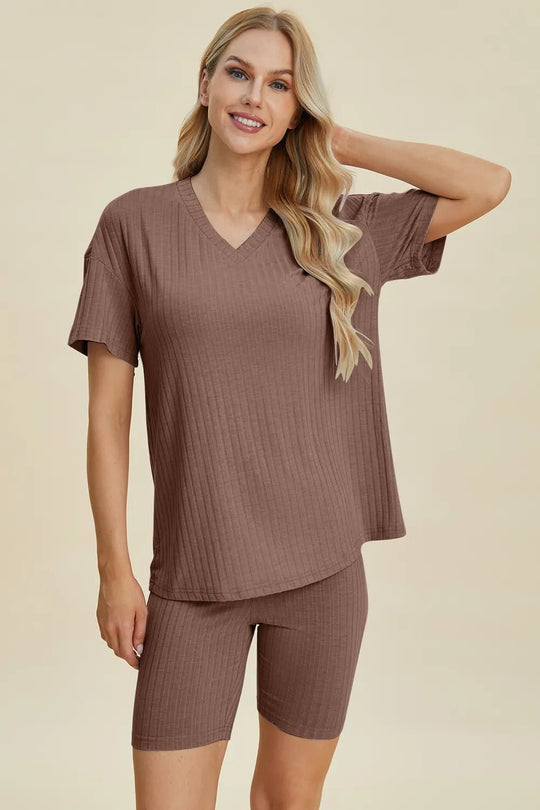 Basic Bae Full Size Ribbed V - Neck Short Sleeve Top and Shorts Set - Absolute Discounts