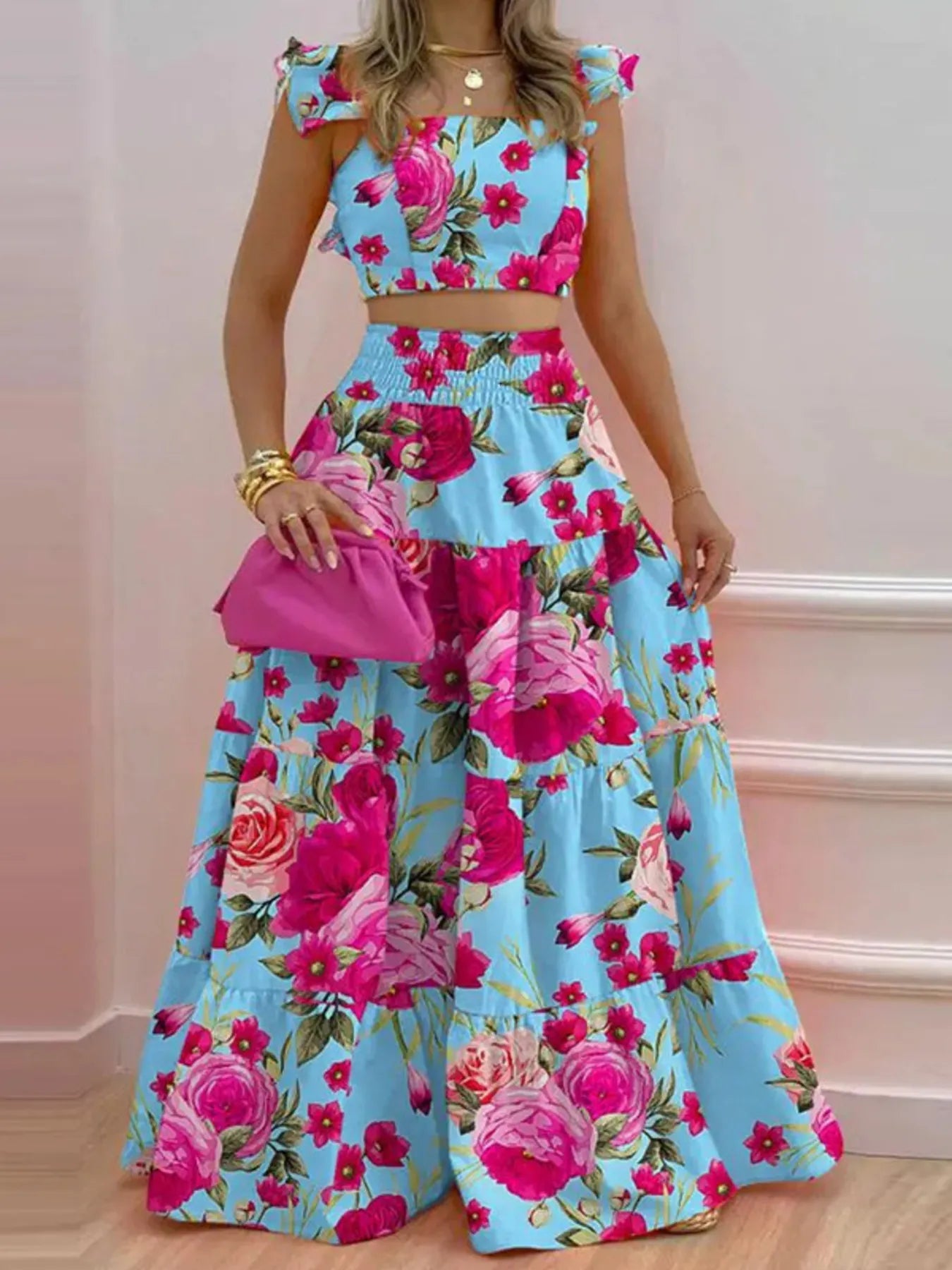 Full Size Ruffled Cami and Tiered Maxi Skirt Set Plus Size - Absolute Discounts