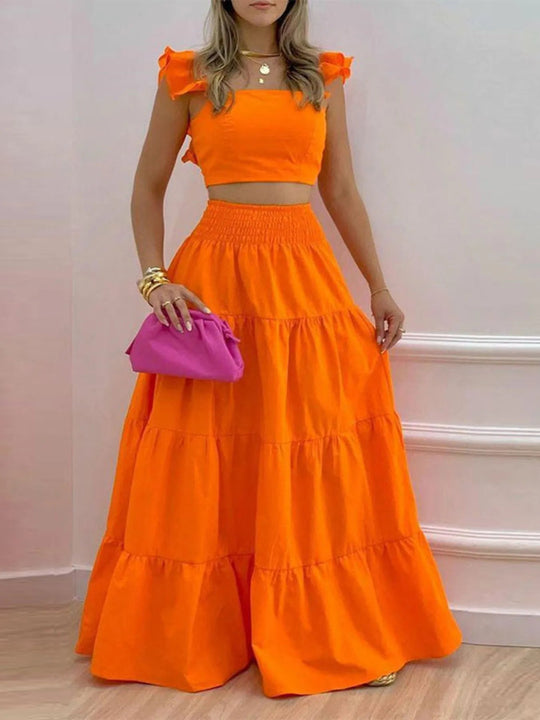 Full Size Ruffled Cami and Tiered Maxi Skirt Set Plus Size - Absolute Discounts