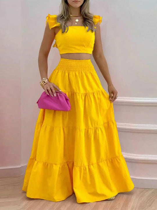 Full Size Ruffled Cami and Tiered Maxi Skirt Set Plus Size - Absolute Discounts