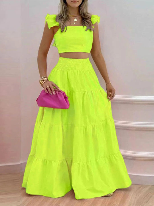 Full Size Ruffled Cami and Tiered Maxi Skirt Set Plus Size - Absolute Discounts