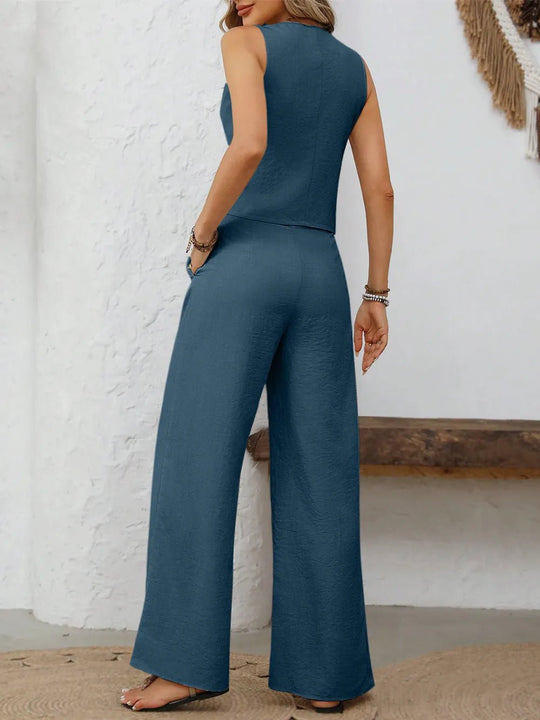 V - Neck Button Down Vest and Wide Leg Pants Set - Absolute Discounts