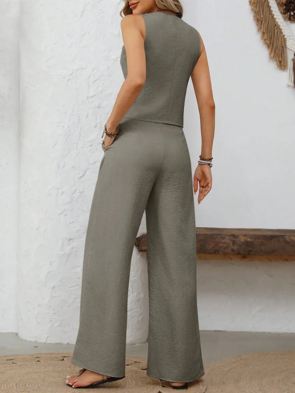 V - Neck Button Down Vest and Wide Leg Pants Set - Absolute Discounts