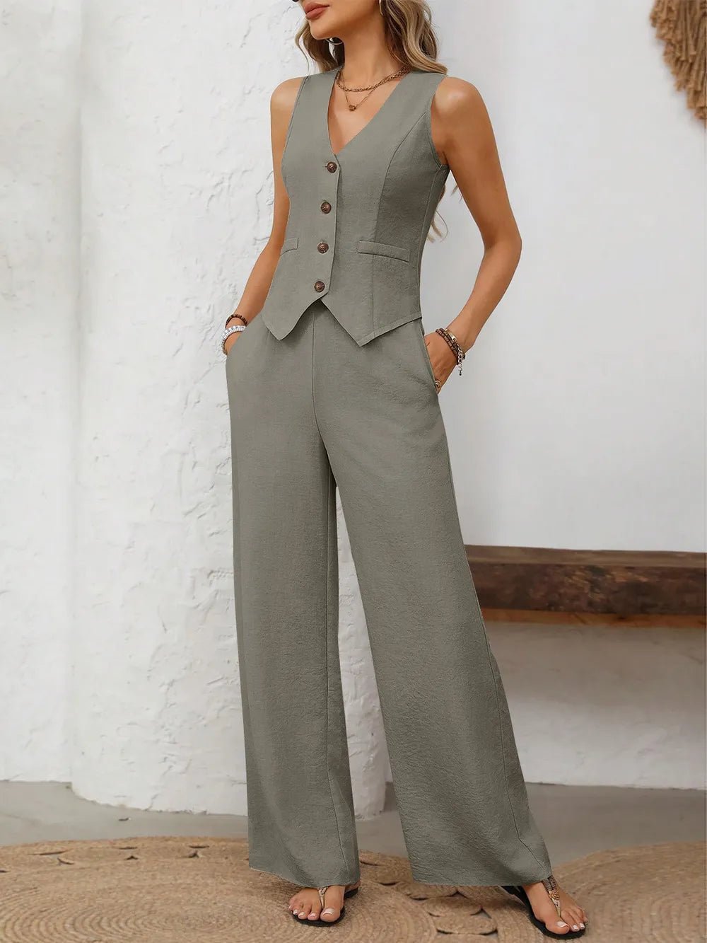 V - Neck Button Down Vest and Wide Leg Pants Set - Absolute Discounts