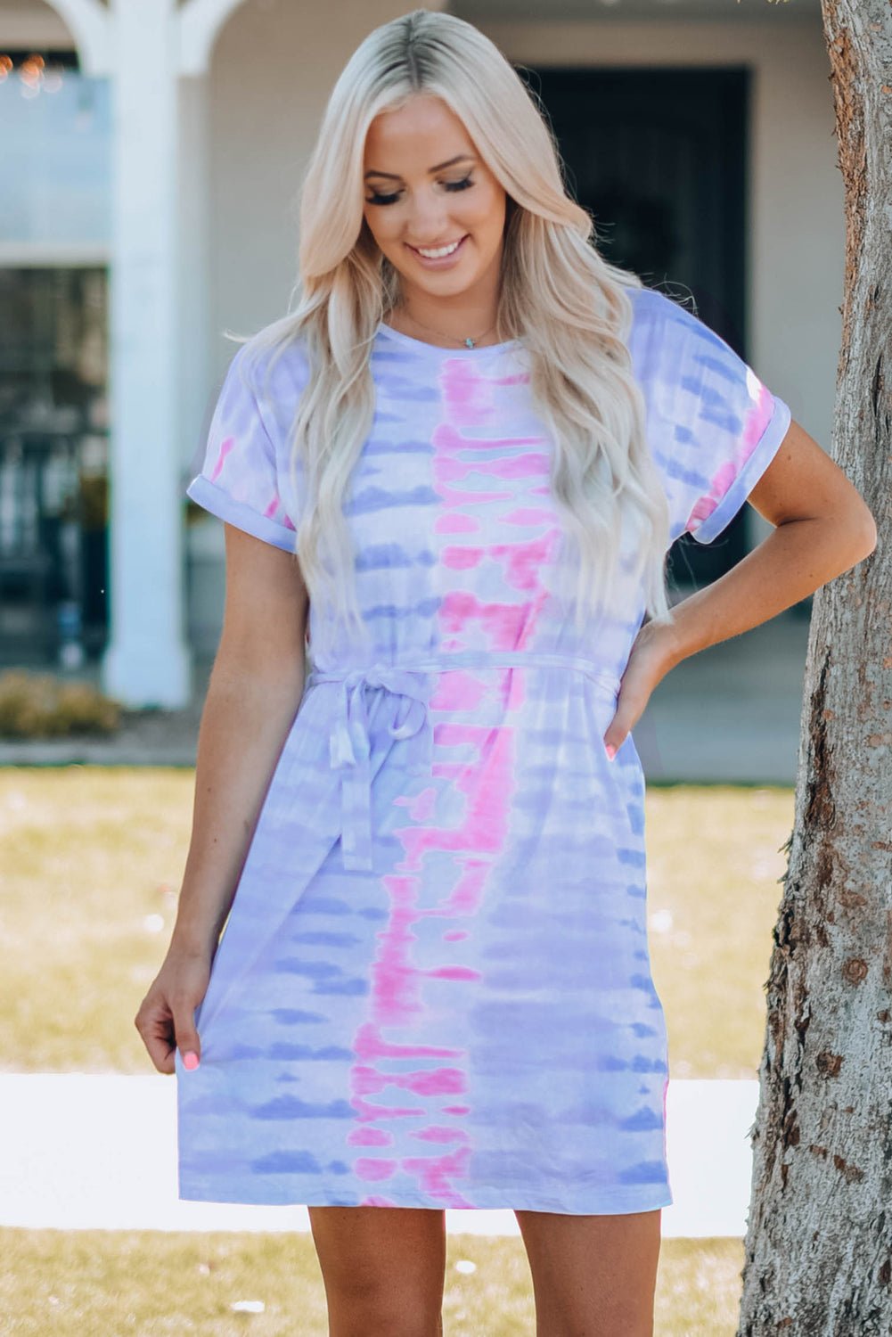 Women Tie - Dye Belted T-Shirt Dress - Absolute Discounts