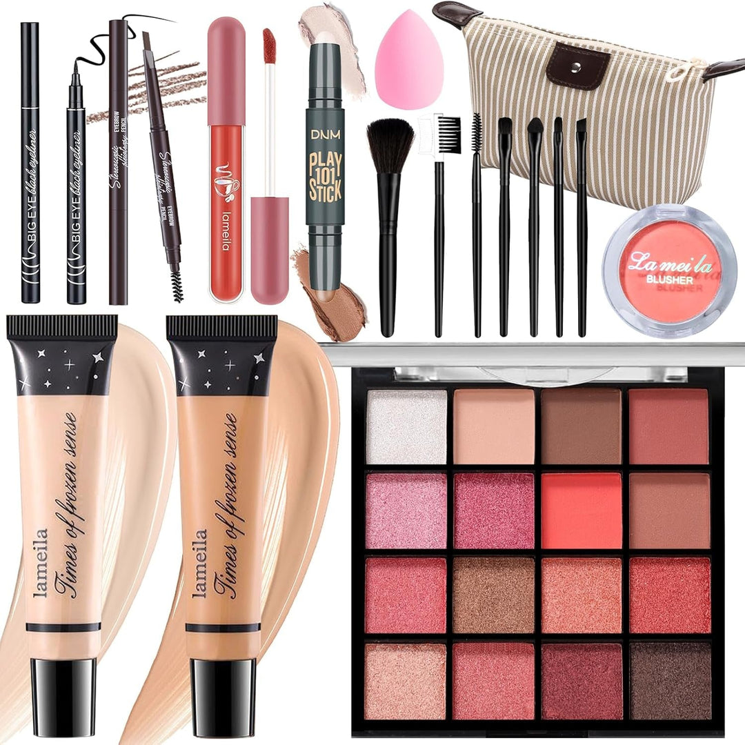 Makeup Set for Girls & Women, Full Face Kit, Travel Kit, Present Set, Eyeshadow, Foundation, Blusher, Eyeliner, Lip Gloss, Makeup Brushes & Sponge Bag - Absolute Discounts