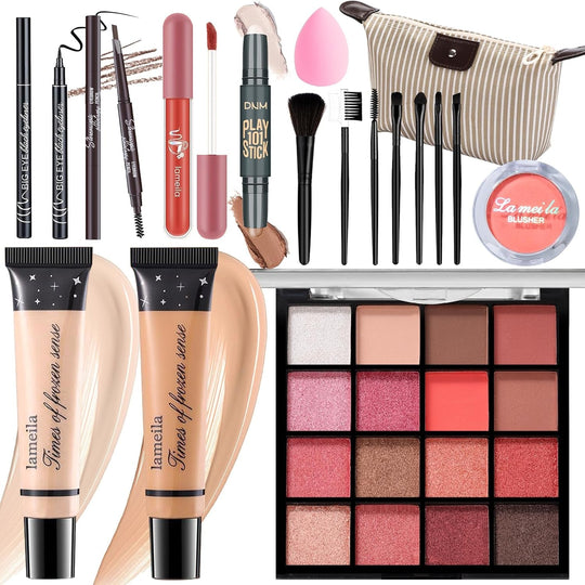 Makeup Set for Girls & Women, Full Face Kit, Travel Kit, Present Set, Eyeshadow, Foundation, Blusher, Eyeliner, Lip Gloss, Makeup Brushes & Sponge Bag - Absolute Discounts