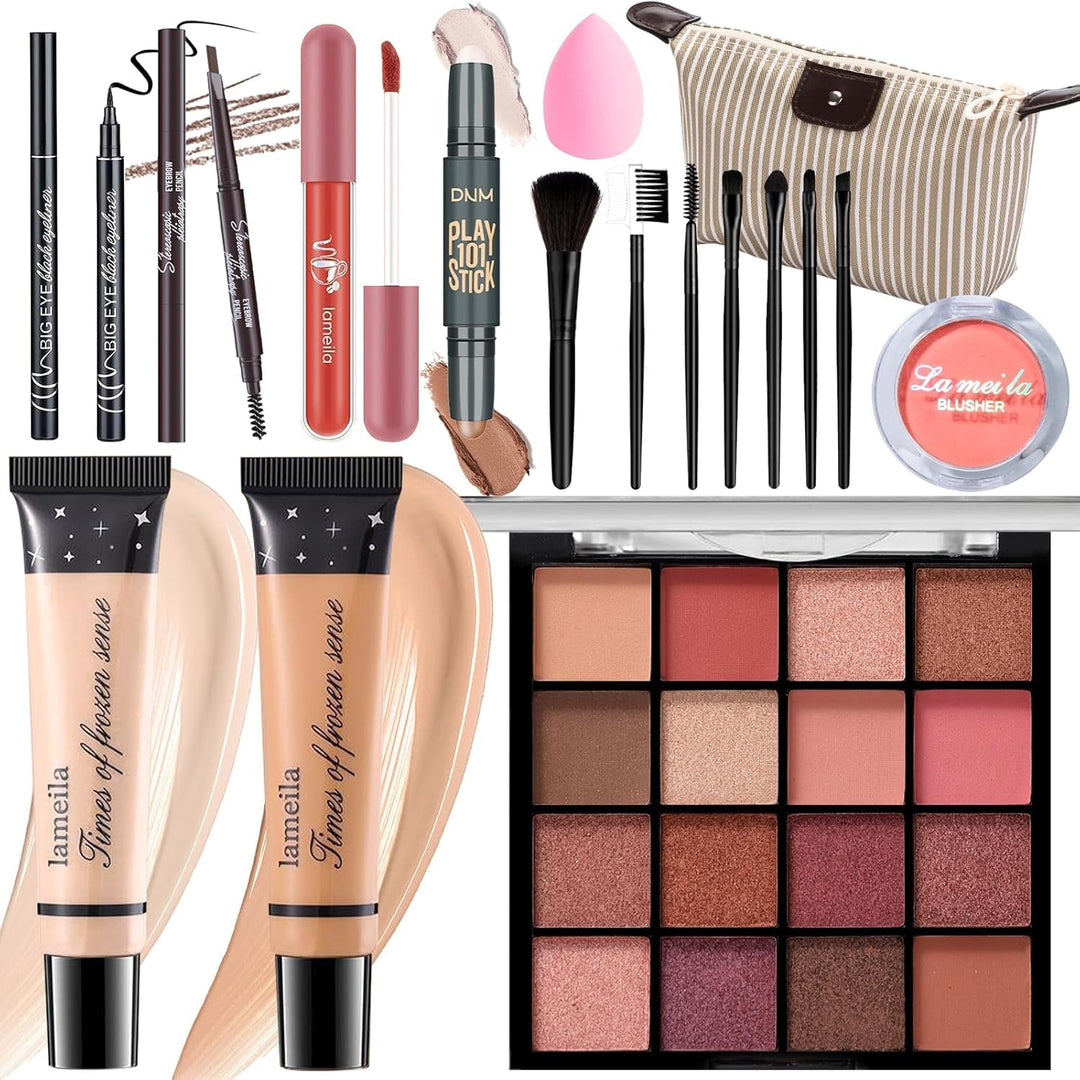 Makeup Set for Girls & Women, Full Face Kit, Travel Kit, Present Set, Eyeshadow, Foundation, Blusher, Eyeliner, Lip Gloss, Makeup Brushes & Sponge Bag - Absolute Discounts